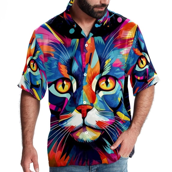 Retro Cat Men's Casual Short Sleeve Printed Button Down Spread Collar Tops Summer Beach Shirts Unisex