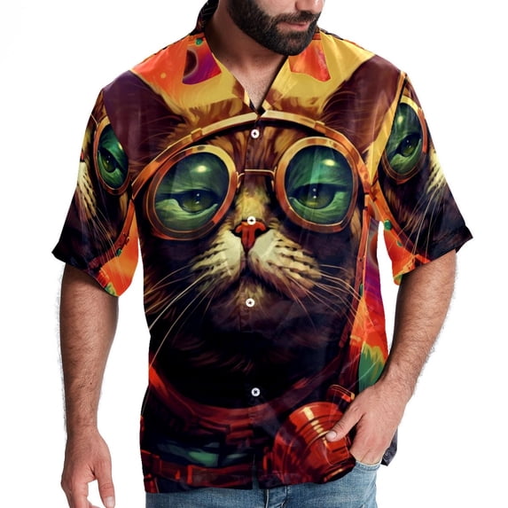 Retro Cat Men's Short Sleeve Beach Button Down Casual Printed Summer Shirts - Unisex