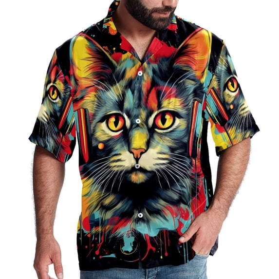 Retro Cat Men's Short Sleeve Casual Printed Button Down Beach Shirts