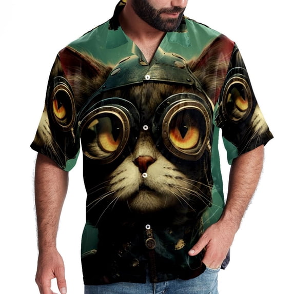 Retro Cat Men's Short Sleeve Poplin Shirt - Casual Printed Button Down Short Summer Beach Shirts Unisex940