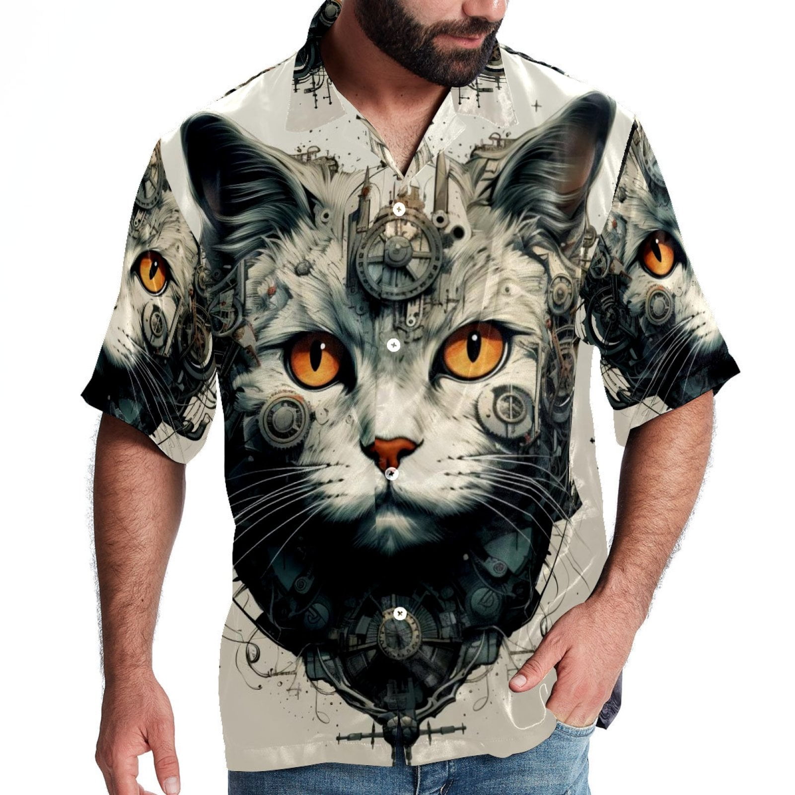 Retro Cat Men's Short Sleeve Printed Button Down Beach Shirt Casual ...