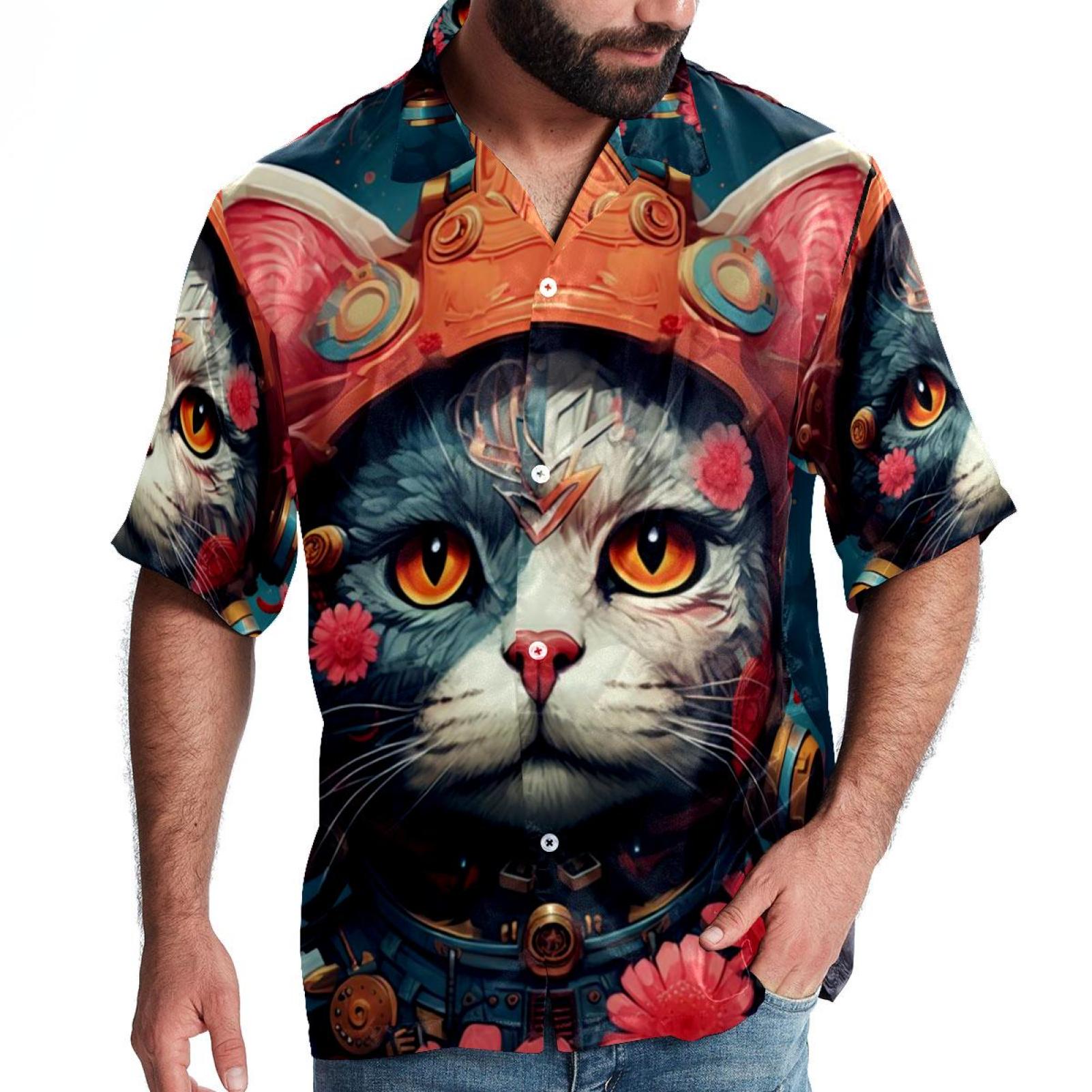 Retro Cat Men's Short Sleeve Printed Button Down Beach Shirt Casual ...
