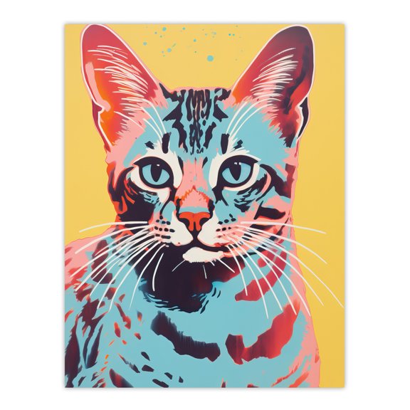 Retro Cat Moggie Duotone Blue Yellow Bold Vibrant Screen Print Risograph Artwork Spot Block Colour Riso Interior Design Unframed Wall Art Print Poster Home Decor Premium