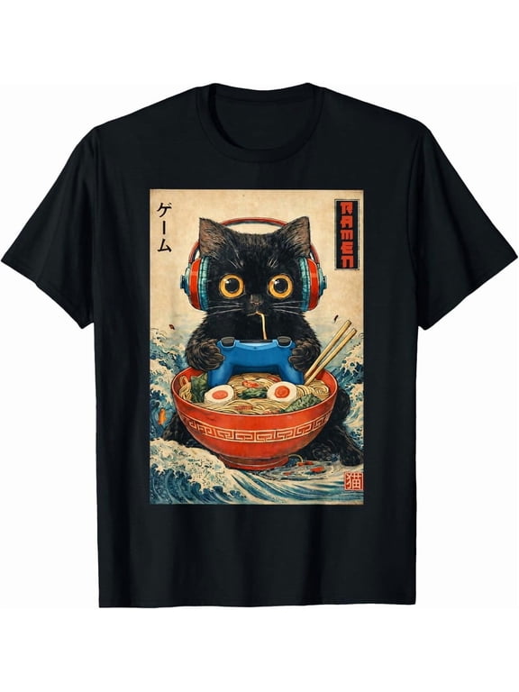 Retro Cat Ramen Japanese Funny Graphic Tees Kawaii Cat Unisex T-Shirt-100% Cotton