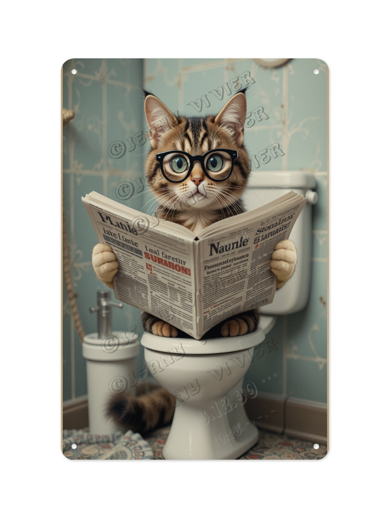 Retro Cat Reading Newspaper on the Toilet Aluminum Sign 12 x 16 Inches ...