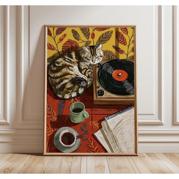 Retro Cat Record Player Poster Unframed Paper Print