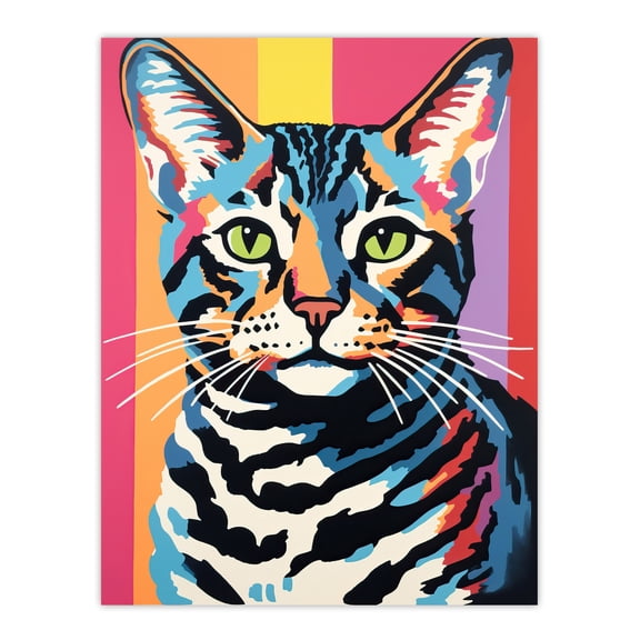Retro Cat Striped Bold Vibrant Screen Print Risograph Artwork Spot Block Colour Duotone Bengal Riso Interior Design Extra Large XL Wall Art Poster Print