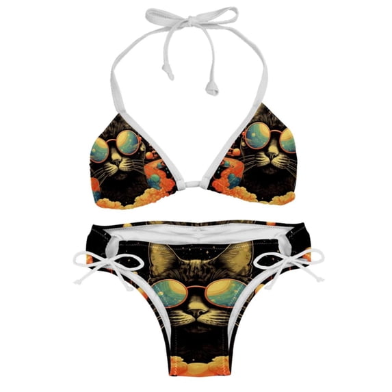Retro Cat Stylish Bikini Set with Detachable Sponge and Adjustable Strap, Two-Pack Swim Suits for Beach and Pool Parties