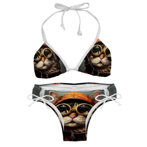 Retro Cat Stylish Bikini Set with Detachable Sponge and Adjustable Strap, Two-Pack Swim Suits for Beach and Pool Parties