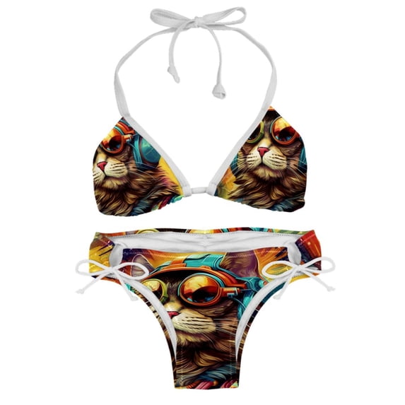 Retro Cat Swim Suit Women Bikini Set, Detachable Sponge, Adjustable Strap, Two-Pack - Beach, Pool, Vacation