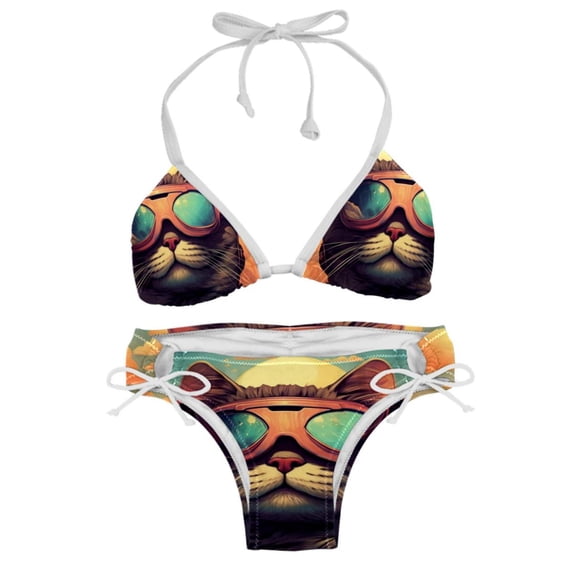 Retro Cat Swim Wear Detachable Sponge Adjustable Strap Bikini Set Two-Pack for Multiple Scenes