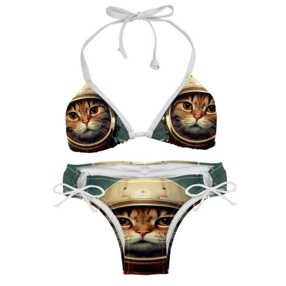 Retro Cat Swimsuit Bikini Set with Detachable Sponge and Adjustable Strap, Two-Pack, for Beach and Pool Parties