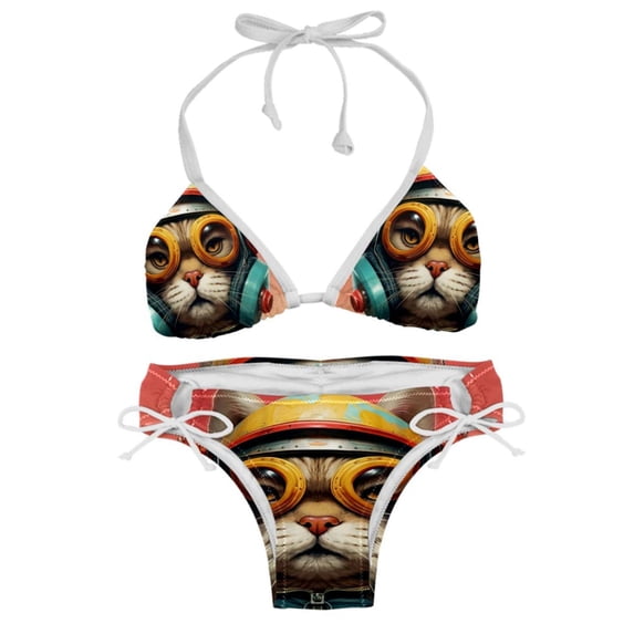 Retro Cat Swimsuit Women Bikini Set with Detachable Sponge and Adjustable Strap, Two-Pack, Beach Pool Vacation.