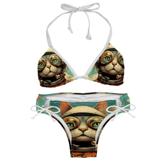 Retro Cat Swimwear Bikini Set with Detachable Sponge & Adjustable Strap, Two-Pack for Beach & Pool Parties