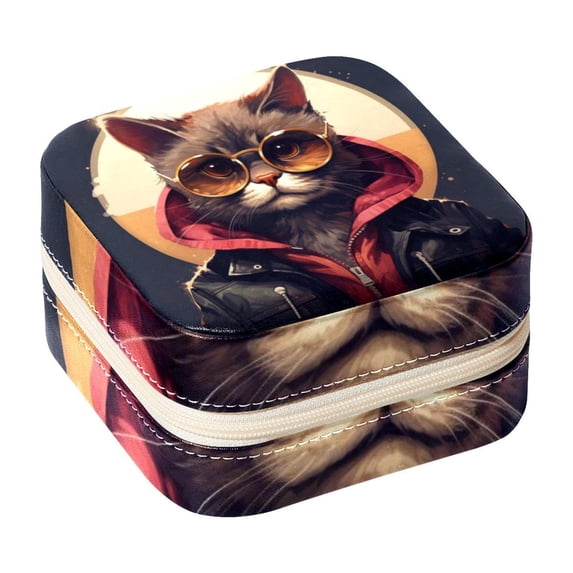 Retro Cat Travel Portable Square Jewelry Box Earring Necklace Bracelet Holder Display Case Organizer Box, Decorative Jewelry Stand Storage Box
