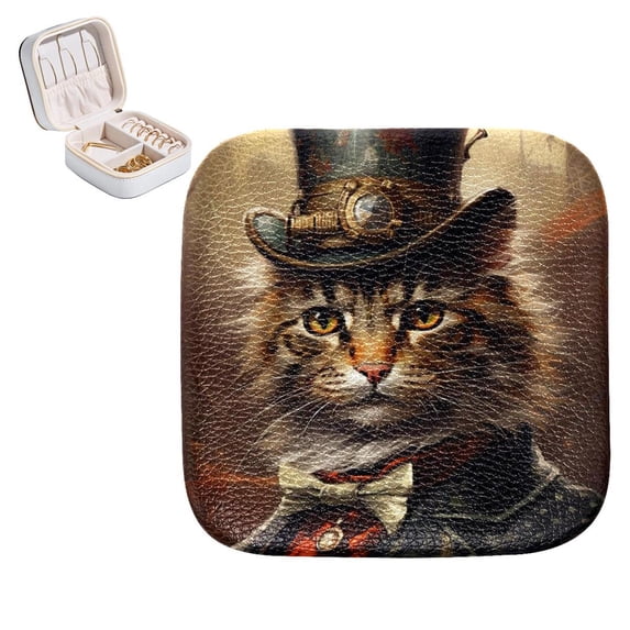 Retro Cat Travel Portable Square Jewelry Box Organizer for Girls and Women - Rings Earrings Necklaces Bracelets Storage Display Case