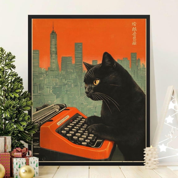 Retro Cat Typing On Typewriter Art Print Cityscape Poster Home Decor Office Wall Art