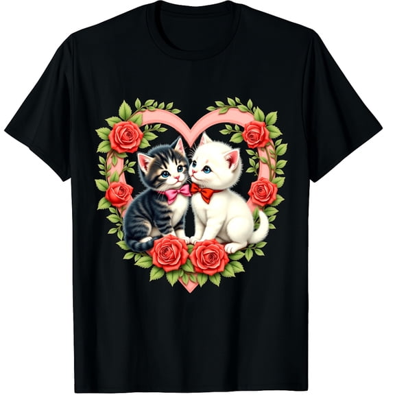 Retro Cat Valentines Day Cute Kitten Rose Flower Cat Lover Graphic Crew Neck Short Sleeve T-Shirts (Men's, Women's)