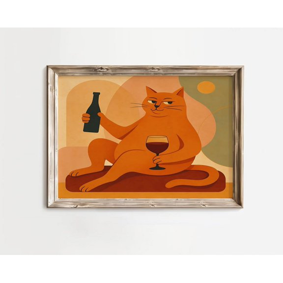 Retro Cat Wine Mid Century Modern Bar, Unframed Canvas Size 24x36