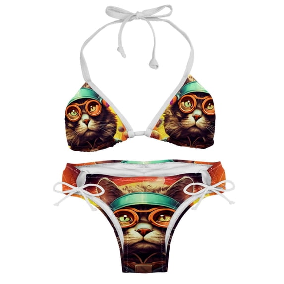 Retro Cat Women's Swimsuit Bikini Set, Detachable Sponge, Adjustable Strap, Two-Pack, Beach & Pool Ready