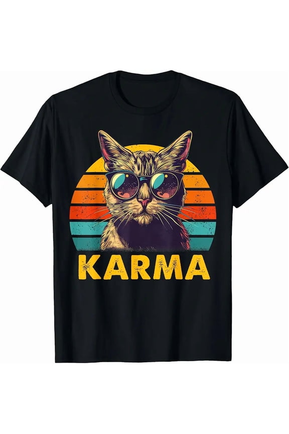 Retro Cat in Sunglasses Karma Unisex Men Women Graphic Short Sleeve T-Shirt