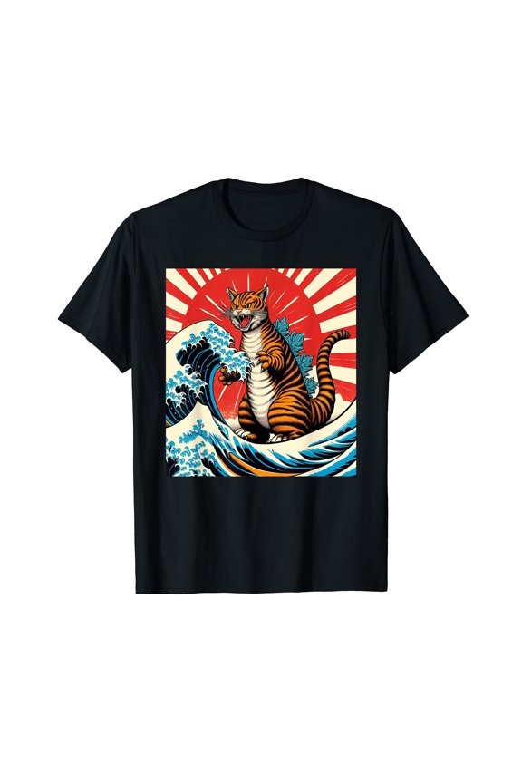 Retro Catzilla Graphic T-Shirt for Cat Lovers - Fun Wave Design with Sunburst Background