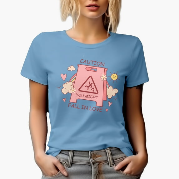 Retro Caution You Might Fall in Love, Funny Warning Sign, Valentine's Day Gift, Baby Blue T-Shirt, XL