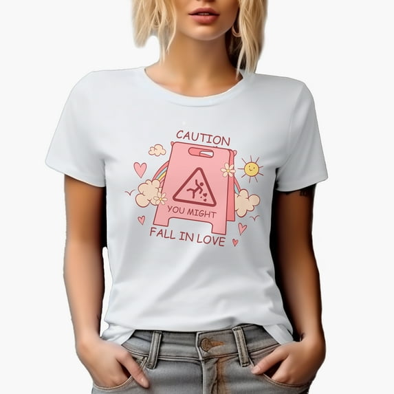 Retro Caution You Might Fall in Love, Funny Warning Sign, Valentine's Day Gift, White T-Shirt, Small