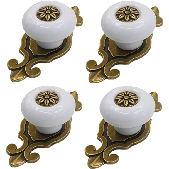 Retro Ceramic Cabinet Knobs, [4 Pack] Vintage Antique Drawer Knobs with Backplate, Cabinet Pull Handles for Kitchen/Dresser/Cupboard/Wardrobe, White