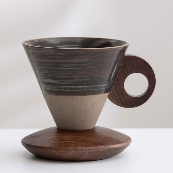 Retro Ceramic Conical Coffee Mug, Creative Funnel Coffee Cups Set, with Solid Wood Triangle Handle Design and Coaster,for Home, Restaurant, Party and Office Use.200ml