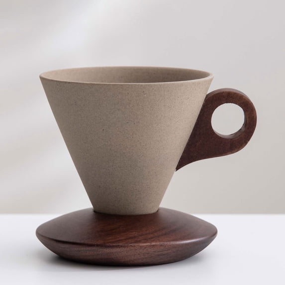 Retro Ceramic Conical Coffee Mug, Creative Funnel Coffee Cups Set, with Solid Wood Triangle Handle Design and Coaster,for Home, Restaurant, Party and Office Use.200ml
