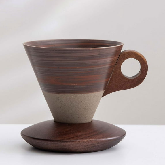 Retro Ceramic Conical Coffee Mug, Creative Funnel Coffee Cups Set, with Solid Wood Triangle Handle Design and Coaster,for Home, Restaurant, Party and Office Use.200ml