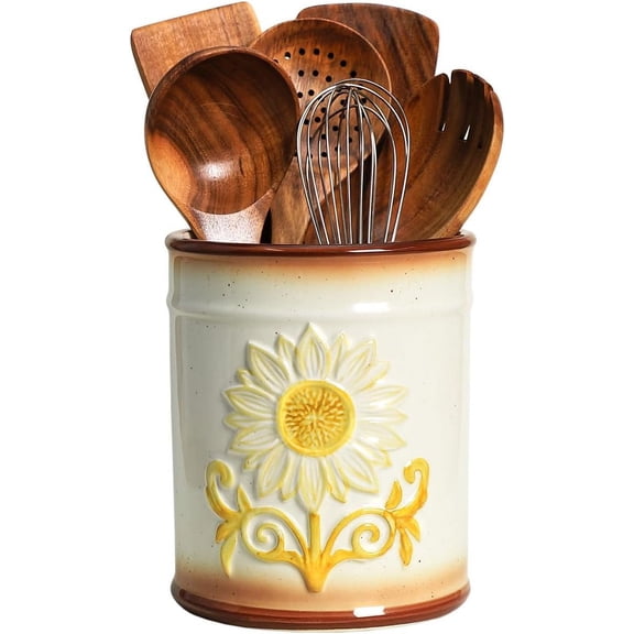 Retro Ceramic Sunflower Embossed Pattern Kitchen Utensil Holder, Large Cooking Utensil Crocks for Kitchen Countertop, Sunflower Utensil Organizer