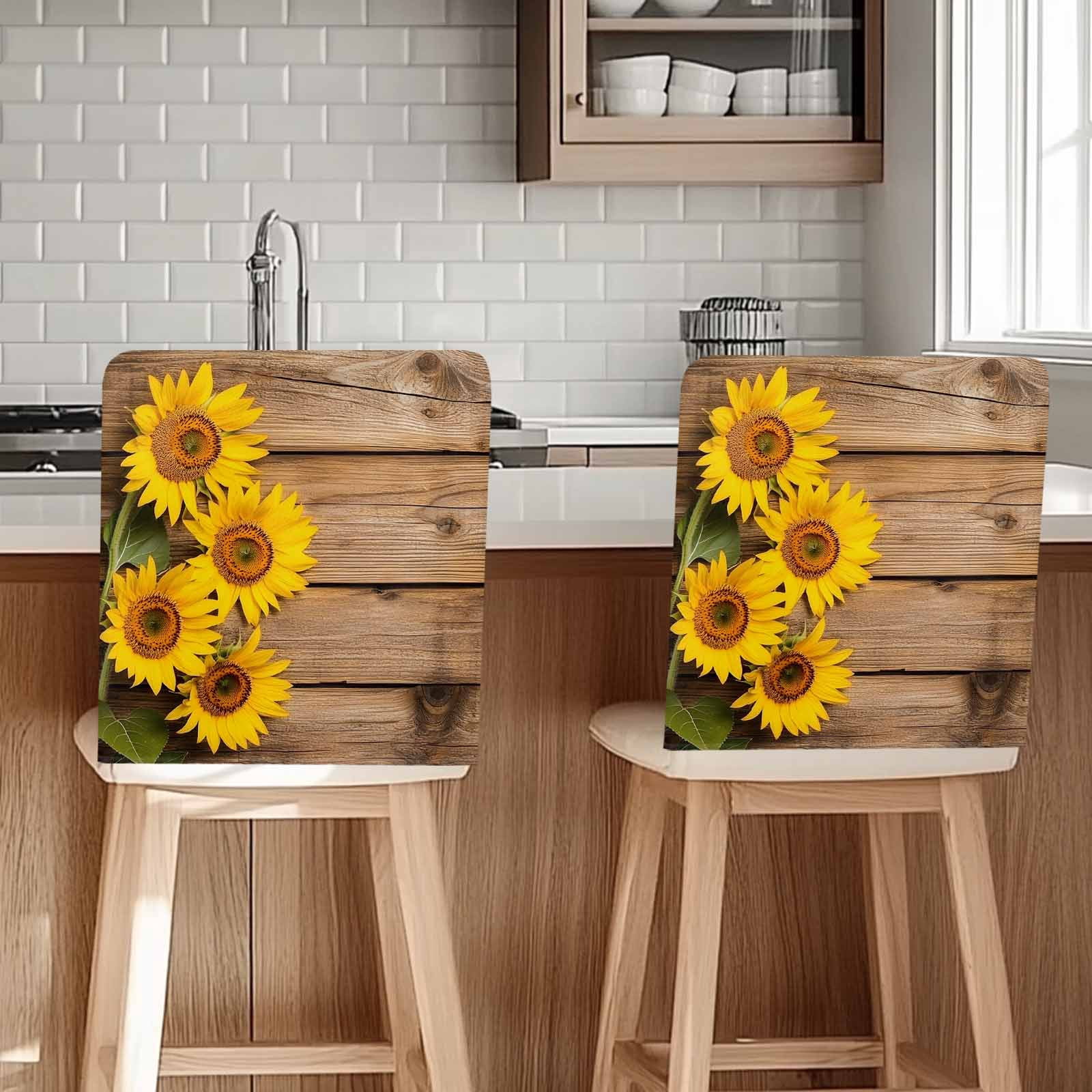 Retro Chair Covers Set of 4 Sunflowers Rustic Wood Grain Texture ...
