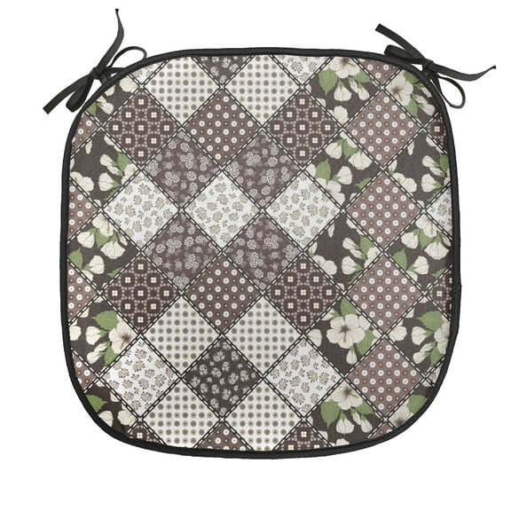 Retro Chair Seating Cushion, Patchwork with Polka Dots Hibiscus Flowers and Rounds Old Fashioned Design, Soft Seat Pads for Office with Anti-slip Backing, 16"x16", Brown Beige, by Ambesonne