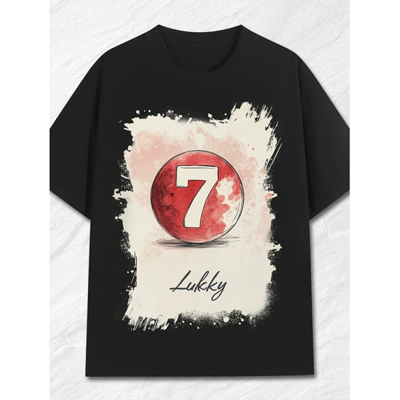 [Retro Charm] Men's Vintage Number 7 Lucky Graphic T-Shirt, 100% Cotton, Casual Crew Neck Tee, Short Sleeve, Regular Fit, Knit Fabric, All-Season, 220g - Perfect for Weekend Casual Wear