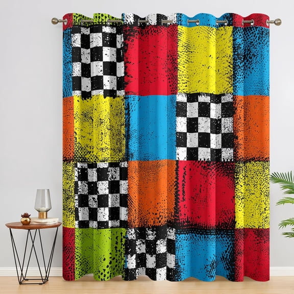 Retro Checkerboard Curtains for Bedroom Decor,2 Panels Set, Funky Checkered Patchwork Pattern Design Blackout Drapes, Retro Checkerboard Curtains for Living Room-42"W x 45"L (Pack of 2)