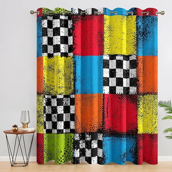Retro Checkerboard Curtains for Bedroom Decor, Funky Checkered Patchwork Pattern Design Blackout Drapes, Retro Checkerboard Curtains for Living Room 53"W x 96"L (Pack of 2)