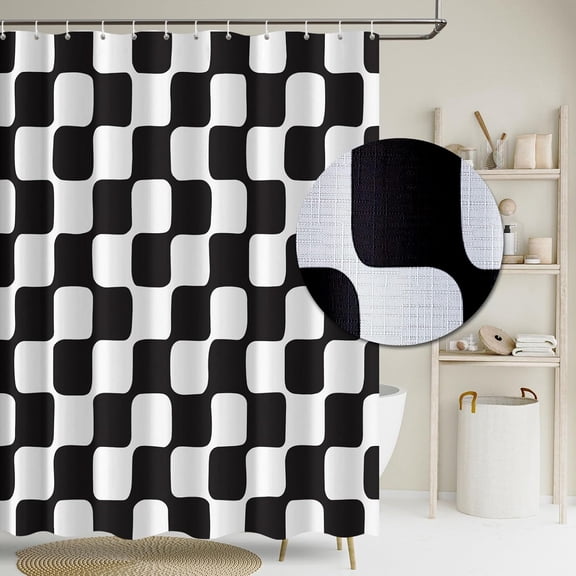Retro Checkerboard Grid Pattern Fabric Shower Curtain Beige Green Classical Wavy Checkered Shower Curtain Decoration 60x72 Inch with Hooks