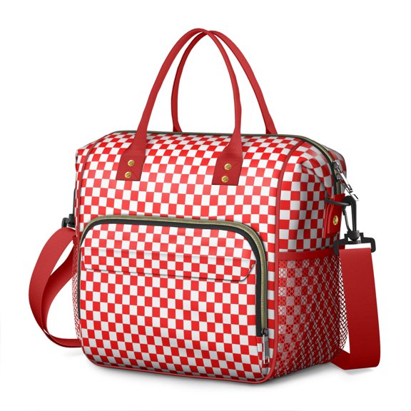 Retro Checkerboard Lunch Box – Leakproof Insulated Cooler Tote with Geometric Plaid Pattern, Multi-pocket Storage for Office Lunches or Gifting