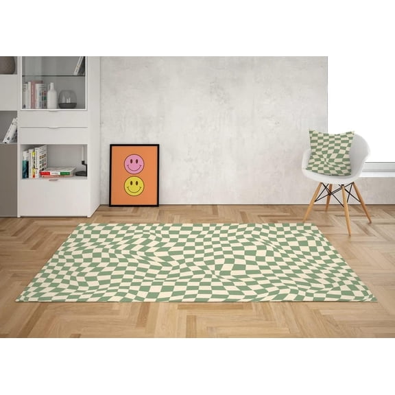 Retro Checkerboard Slate Green Area Rug, Modern Design Carpet, Non Slip Medium Pile Soft, Living Room Bedroom Dining Room Office Entrance Mat 5x8ft