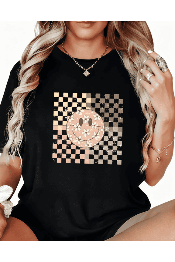 Retro Checkerboard Smiley Daisy Print Tshirt Graphic Tees Vintage Cute Shirts Black S-5XL Retro Pattern Tops