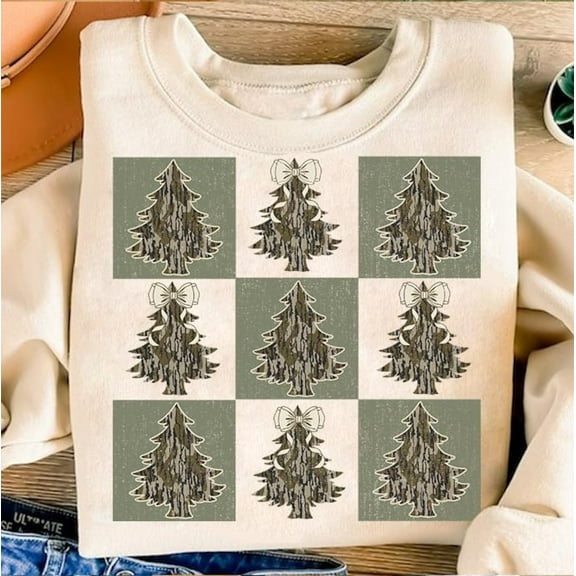 Retro Checkered Camo Christmas Tree Sweater, Hunting Distressed Camo Holiday Xmas Sweatshirt