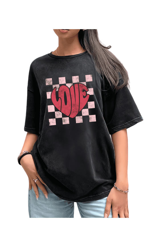Retro Checkered Graphic Tees Print T shirt Oversized Washed Black Shirts Women S-2XL Tops