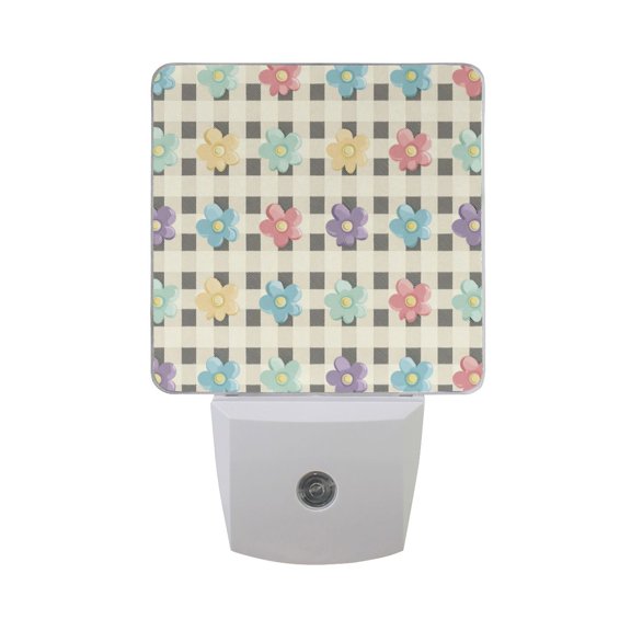 Retro Checkered Pattern with Flowers LED Night Light Sensor Lamp Plug-in Adjustable Brightness 2 Pack