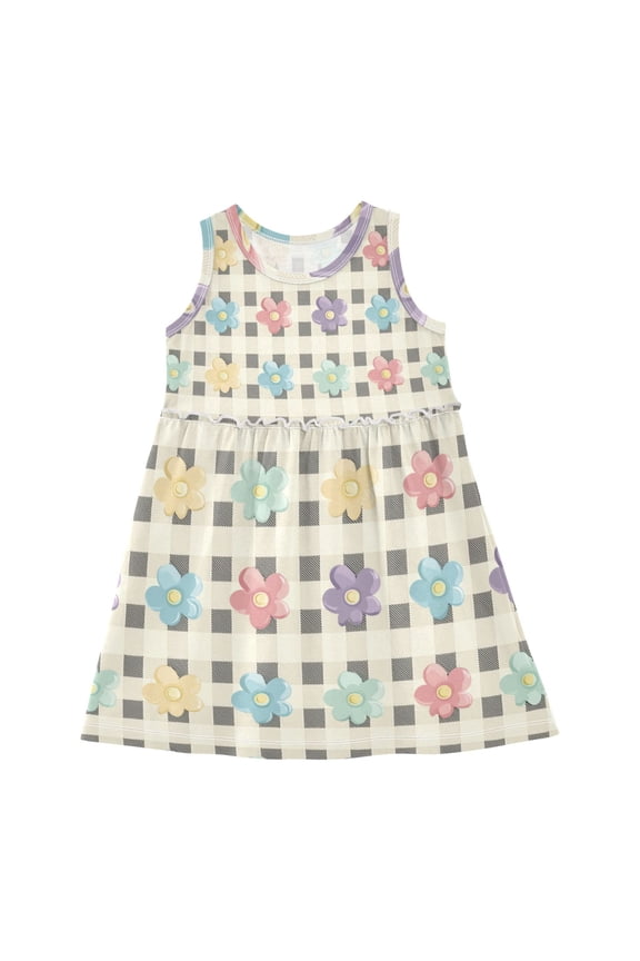 Retro Checkered Pattern with Flowers Sleeveless Dress A-Line One-Piece Dress Quick Dry 3T