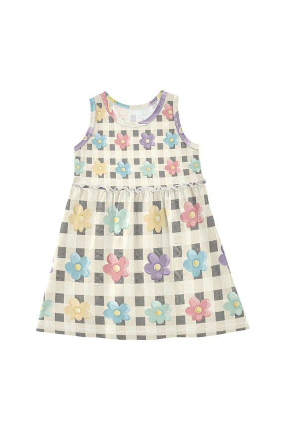 Retro Checkered Pattern with Flowers Sleeveless Dress A-Line One-Piece Dress Quick Dry 6Y