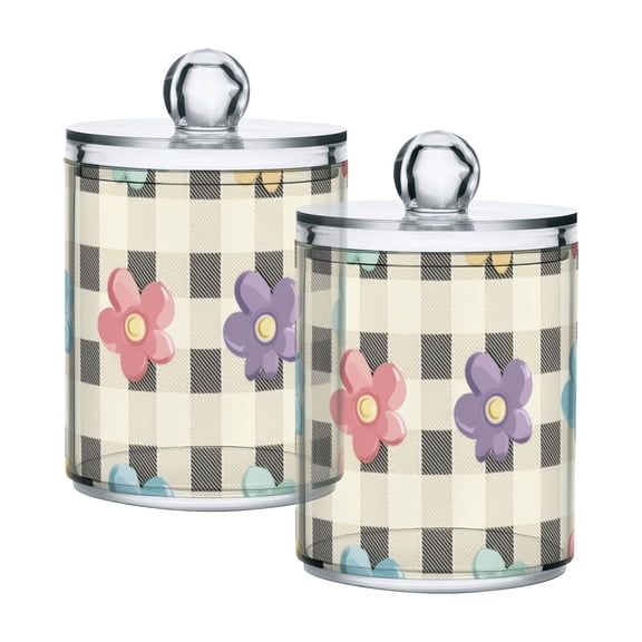 Retro Checkered Pattern with Flowers Translucent Plastic Cans Storage Canisters with Lid Set of 2