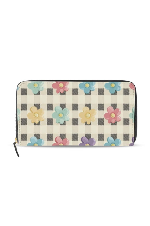Retro Checkered Pattern with Flowers Women's Long Zipper Wallet Bifold Clutch Purse PU Leather Card Cases