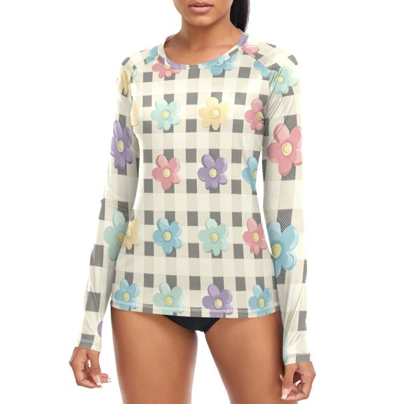 Retro Checkered Pattern with Flowers Women's Rash Guard Shirts UPF 50+ Sun Protection Clothing Long Sleeve Swim Suits L